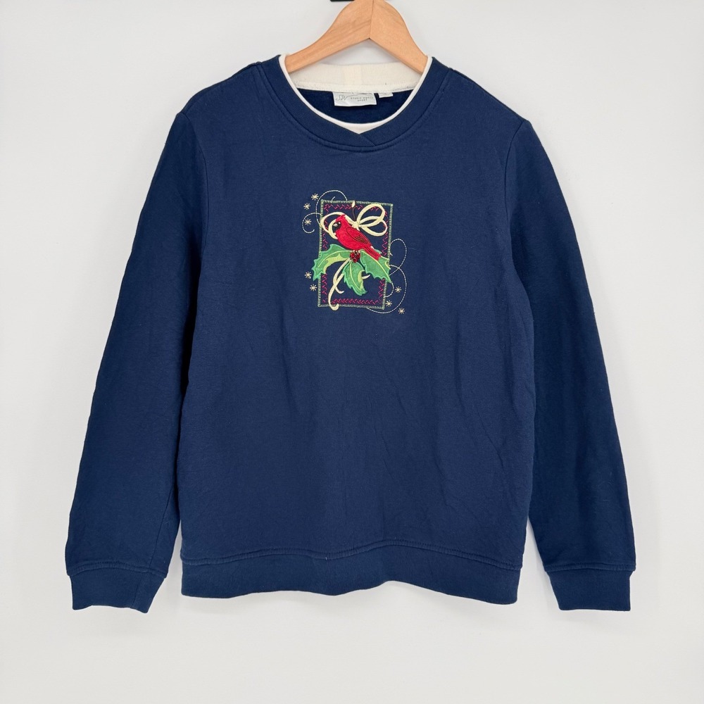 VTG Studio Works Navy Blue Cardinal Embroidered Sweatshirt Womens Large Holiday